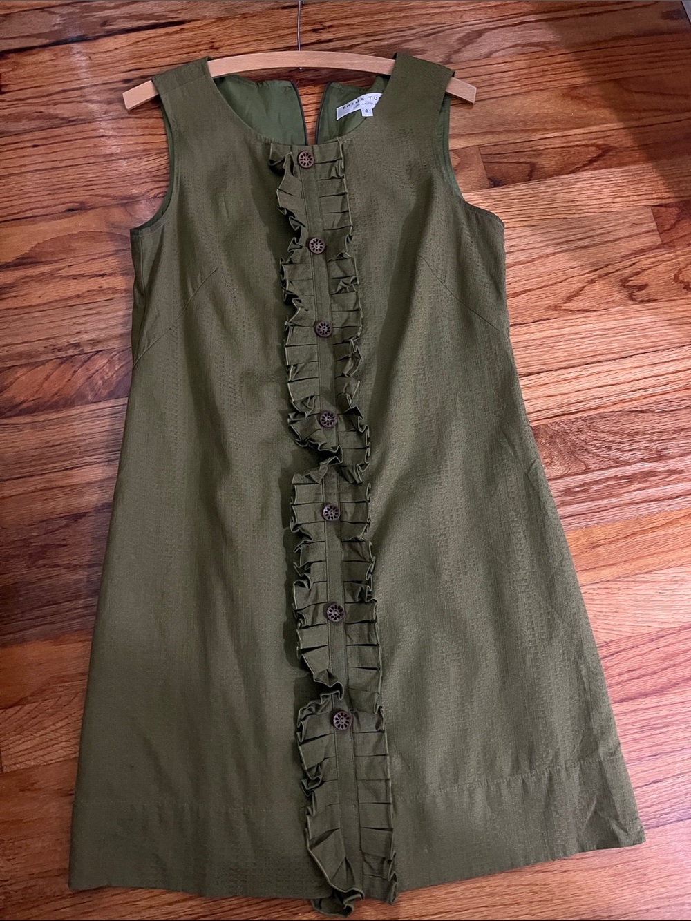 Trina Turk Olive Green Ruffle Front Sleeveless Dress size 6